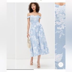 Reformation Light Blue & White Floral Off-Shoulder Midi Dress